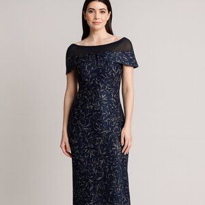 NWT JS Collections "Reese" Navy Column Gown with Sheer Illusion Neckline  Size 8